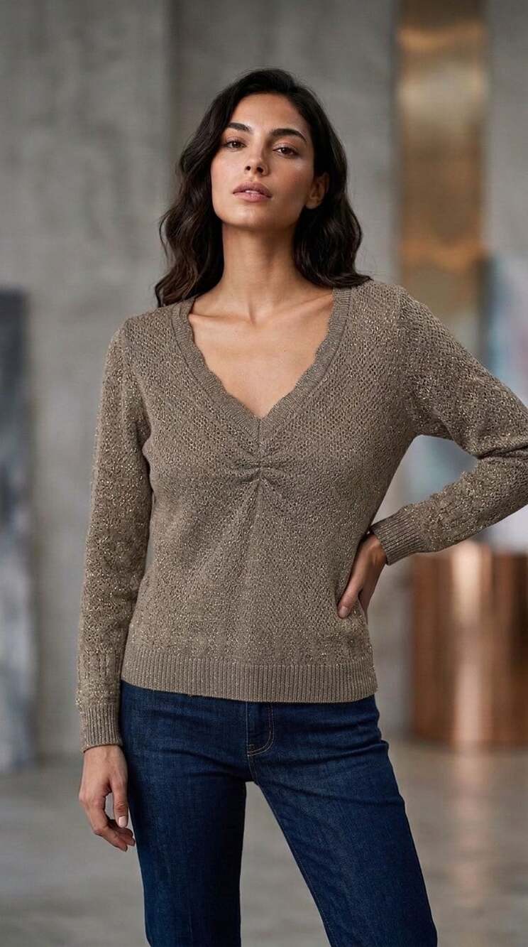MEXX Women's Metallic Taupe V-Neck Long Sleeve Knit Sweater Size S